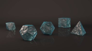 Bir set üzerinden blue Ice platonik katı, soğuk, geometrik, parlak yüzey. Çokgen şekiller, yansıtıcı bir arka plan ile stüdyo içinde polyhedra. Soyutlama Illustration. 3D render