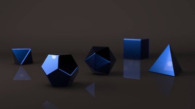 Platonik katılar, mavi metal grubu. Değerli metal Çokgen şekilleri, yansıtıcı bir arka plan ile stüdyo içinde polyhedra. Soyutlama Illustration. 3D render