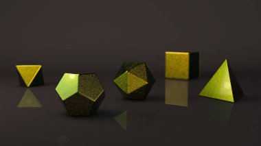 Bir grup platonik organlarının, bir mat mavi yüzeyle pahalı. Değerli metal Çokgen şekilleri, yansıtıcı bir arka plan ile stüdyo içinde polyhedra. Soyutlama Illustration. 3D render