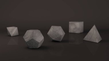 Grup platonik katı taş Pütürlü yüzeyi ile gri benekli. Çokgen şekiller, yansıtıcı bir arka plan ile stüdyo içinde polyhedra. Soyutlama Illustration. 3D render