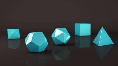 Grup platonik katılar, mavi taş bir yansıtıcı yüzey ile. Çokgen şekiller, yansıtıcı bir arka plan ile stüdyo içinde polyhedra. Soyutlama Illustration. 3D render