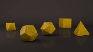 Grup platonik organları, sarı taş mat ve parlak bir yüzeye sahip. Çokgen şekiller, yansıtıcı bir arka plan ile stüdyo içinde polyhedra. Soyutlama Illustration. 3D render