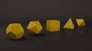 Grup platonik organları, sarı taş mat ve parlak bir yüzeye sahip. Çokgen şekiller, yansıtıcı bir arka plan ile stüdyo içinde polyhedra. Soyutlama Illustration. 3D render