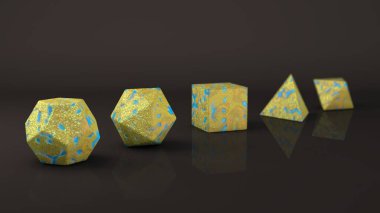 Grup platonik organlarının ışık yeşil taştan yapılmış. Çokgen şekiller, yansıtıcı bir arka plan ile stüdyo içinde polyhedra. Soyutlama Illustration. 3D render