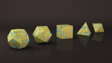 Group of Platonic bodies made of light green stone. Polygonal shapes, polyhedra in the Studio with a reflective background. Illustration of abstraction. 3D rendering clipart