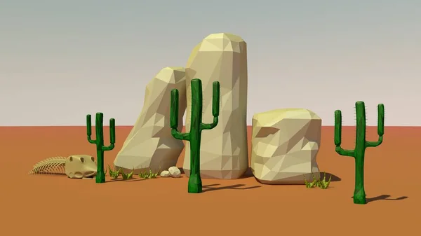 Illustratie Van Mexicaanse Woestijn Cactussen Struik Rotsen Skelet Dood Dier — Stockfoto