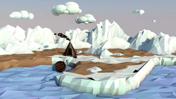 Illustration of the Northern landscape, snow-capped mountains, frozen sea, brown shore and clouds in the blue sky. Image in low poly style.