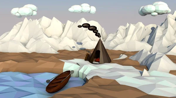 Illustration of the Northern landscape, snow-capped mountains, frozen sea, brown shore and clouds in the blue sky. Image in low poly style.
