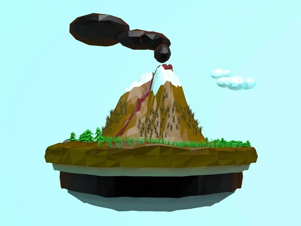 Illustration Flying Island Volcano Forest Rocks Low Poly Style Rendering — Stock Photo, Image