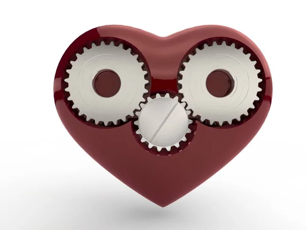 Illustration of a red heart, Valentine cards with metal gears inside. The idea of artificial heart, the development of medicine. The image on a white background. 3D rendering