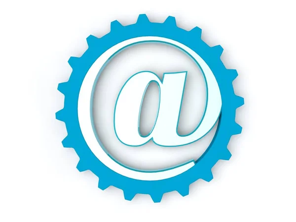 Dog, e-mail symbol image of metal, gold, silver and iron in a gear. Different colors, red, blue, green.  The idea of an Internet communication mechanism. 3D rendering isolated on white background