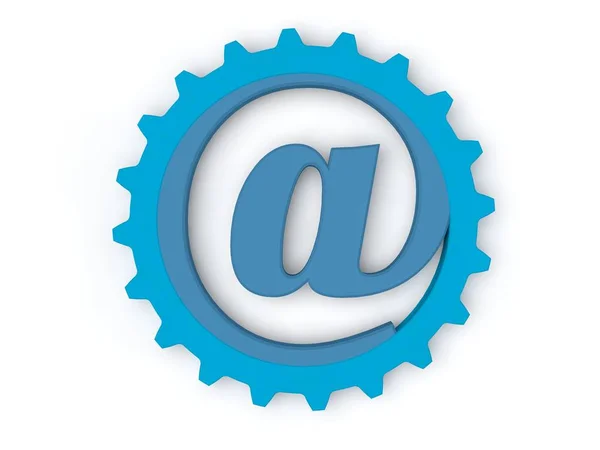 Dog, e-mail symbol image of metal, gold, silver and iron in a gear. Different colors, red, blue, green.  The idea of an Internet communication mechanism. 3D rendering isolated on white background