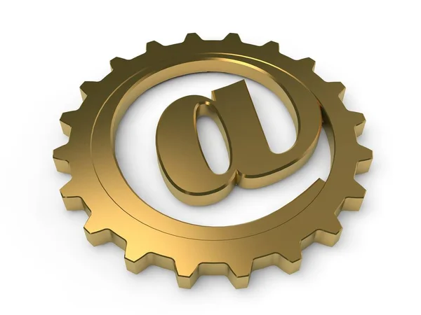 The dog, image of metal e-mail symbol made of metal, gold, silver and iron in the gear. The idea of an Internet communication mechanism. 3D rendering isolated on white background.