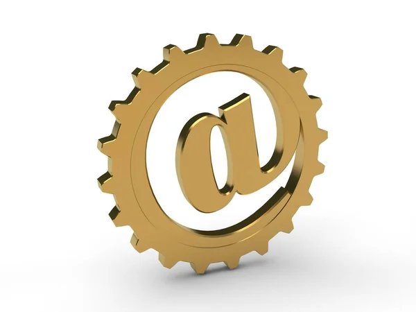 The dog, image of metal e-mail symbol made of metal, gold, silver and iron in the gear. The idea of an Internet communication mechanism. 3D rendering isolated on white background.