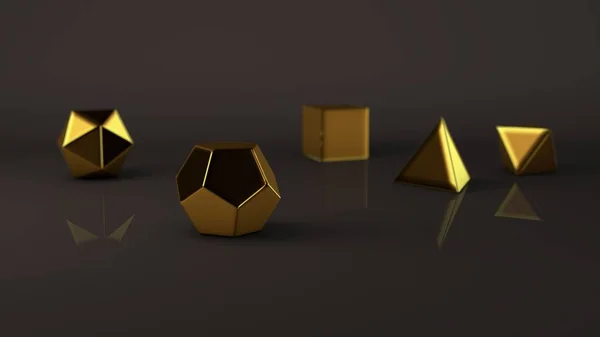 Grupp Uppsättning Geometriska Former Platonisk Kropp Polyhedra Polygona Guld Föremål — Stockfoto