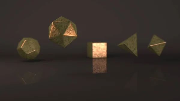 Grupp Uppsättning Geometriska Former Platonisk Kropp Polyhedra Polygona Guld Föremål — Stockfoto