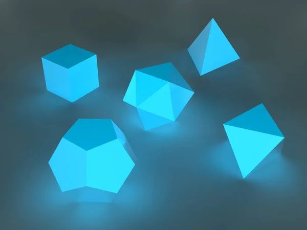 Image, illustration of the five Platonic solids, polyhedra, geometric shapes in a shimmering blue light of the blue color in the dark. 3D rendering, abstraction, background.