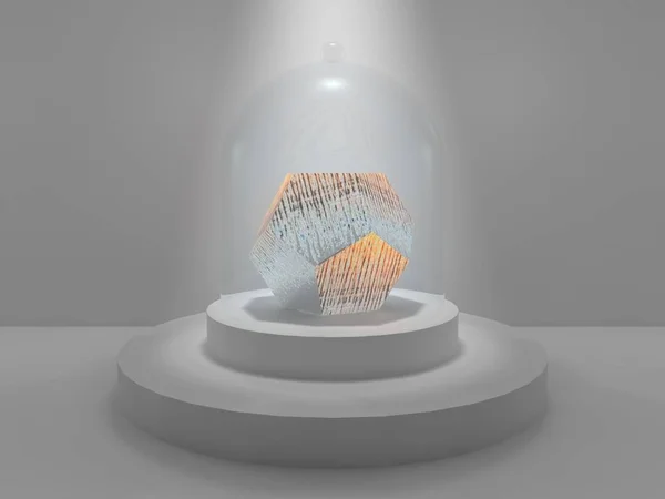 Dodecaedro al centro dello Studio su un piedistallo rotondo sotto un tappo di vetro illuminato dal bagliore della luce. Dodecaedro, ghiaccio congelato, gemma, diamante, vetro. Rendering 3D — Foto Stock