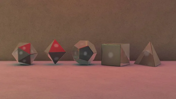 A set of geometric shapes in the Studio, polyhedra, the five Platonic solids. The idea of perfection and precision. 3D rendering. Illustration, image, abstraction.