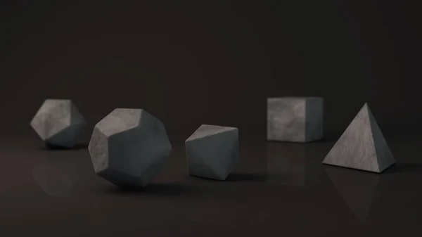 The group of Platonic solids, gray speckled stone with a rough surface. Polygonal shapes, polyhedra in the Studio with a reflective background. Illustration of abstraction. 3D rendering