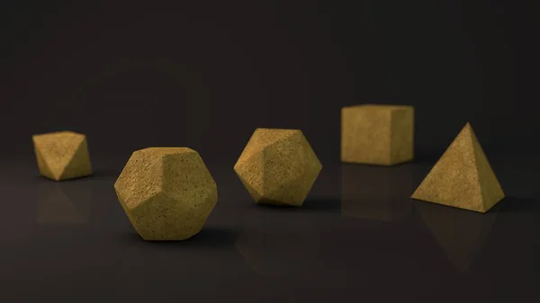 层状固体的群 深黄色斑驳的石头 表面粗糙 多边形 多面体在工作室与反光背景 抽象的例证 — 图库照片