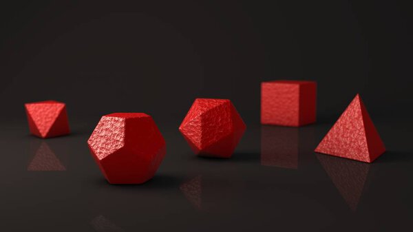 A set of Platonic solids, red, the color of volcanic lava. Polygonal shapes, polyhedra in the Studio with a reflective background. Illustration of abstraction. 3D rendering