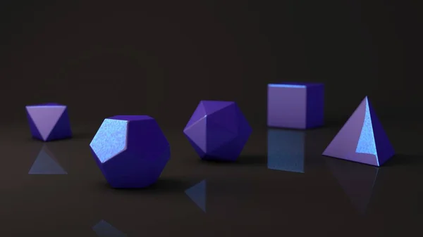 プラトンの体 紫色の夕焼け 光沢のある表面のセットです 多角形 多面体反射背景とスタジオで 抽象化のイラスト レンダリング — ストック写真
