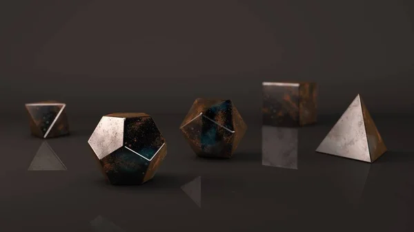 Group of Platonic bodies, broken green rust metal. Iron ingots. Polygonal shapes, polyhedra in the Studio with a reflective background. Illustration of abstraction. 3D rendering