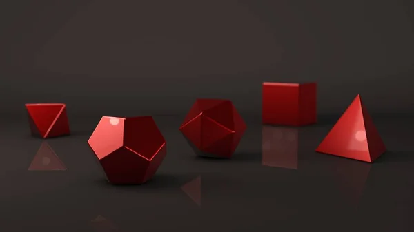 Gruppe Platonischer Körper Rotes Metall Edelmetall Polygonformen Die Polyeder Studio — Stockfoto