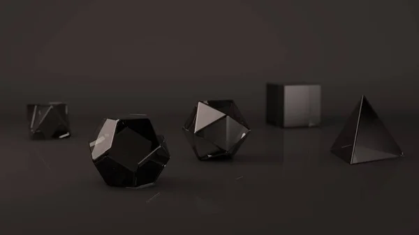 The group of Platonic solids, black glass with a reflective surface. Polygonal shapes, polyhedra in the Studio with a reflective background. Illustration of abstraction. 3D rendering