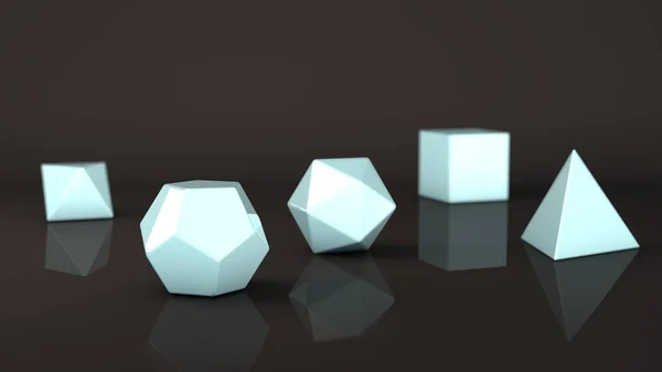 The group of Platonic solids, light blue stone with a reflective surface, the blue snow Polygonal shapes, polyhedra in the Studio with a reflective background. Illustration of abstraction 3D rendering