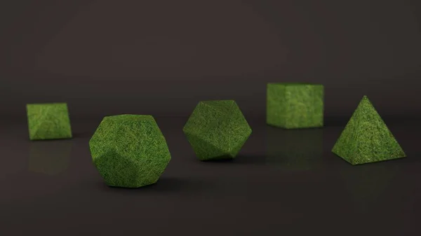 En uppsättning platoniska solider från en grön ogenomskinlig g sten, ädelstenar. Månghörnigt former, polyhedra i studion med en reflekterande bakgrund. Illustration av abstraktion. 3D-rendering — Stockfoto