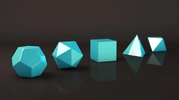 The group of Platonic solids, blue stone with a reflective surface. Polygonal shapes, polyhedra in the Studio with a reflective background. Illustration of abstraction. 3D rendering