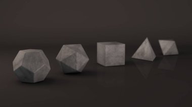 Grup platonik katı taş Pütürlü yüzeyi ile gri benekli. Çokgen şekiller, yansıtıcı bir arka plan ile stüdyo içinde polyhedra. Soyutlama Illustration. 3D render