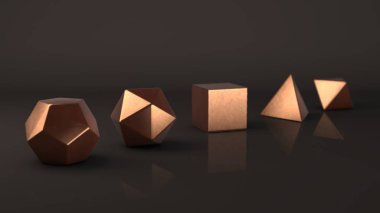 Platonik katılar, değerli İngotlar mat yüzeyli bronz metal grubu. Çokgen şekiller, yansıtıcı bir arka plan ile stüdyo içinde polyhedra. Soyutlama Illustration. 3D render