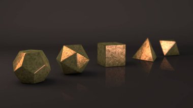 Platonik organları, pahalı altınlar noktalar yüzeyi ile bir dizi. Çokgen şekiller, yansıtıcı bir arka plan ile stüdyo içinde polyhedra. Soyutlama Illustration. 3D render