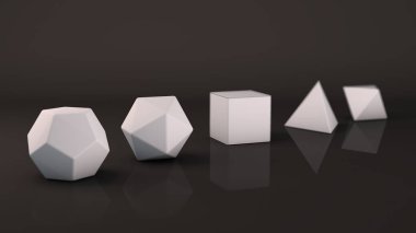 Bir set platonik katı beyaz kar, soğuk, geometrik, parlak yüzey. Çokgen şekiller, yansıtıcı bir arka plan ile stüdyo içinde polyhedra. Soyutlama Illustration. 3D render