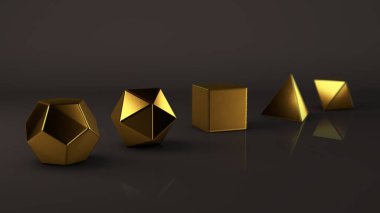 Platonik organları, pahalı altınlar mat yüzeyli kümesi. Çokgen şekiller, yansıtıcı bir arka plan ile stüdyo içinde polyhedra. Soyutlama Illustration. 3D render