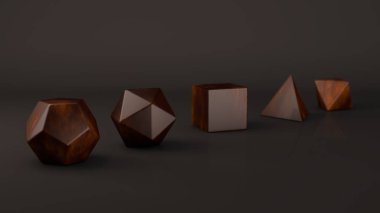 Grup platonik organlarının vernikli yüzeyi ile maun. Çokgen şekiller, yansıtıcı bir arka plan ile stüdyo içinde polyhedra. Soyutlama Illustration. 3D render