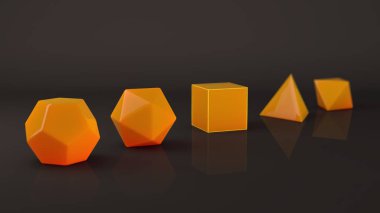 Dizi platonik organları, sarı cam, aydınlık, parlak yüzey. Çokgen şekiller, yansıtıcı bir arka plan ile stüdyo içinde polyhedra. Soyutlama Illustration. 3D render