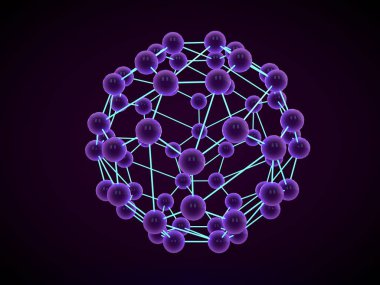 Siyah bir arka plan üzerinde merkezi bir top ile menekşe küresel moleküler kafes Illustration. Molekül parlar. Nanoteknoloji fikri. Soyut bir görüntüdür. 3D render