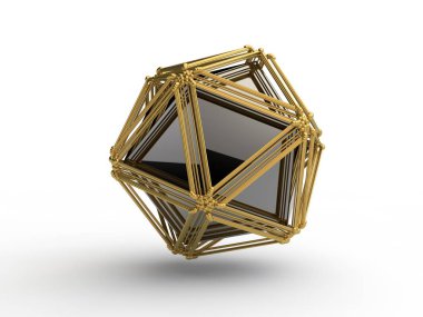 Explosion of a polyhedral polygonal geometric shape, disintegration into a set of fragments, fragments in space and the whole polyhedron in the center. Illustration on white background, 3D rendering clipart