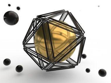 Siyah ve Altın küreler, ve bunlardan biri bir çokgen geometrik figür bir kafes içinde gizlidir kümesi. Gizem, güzellik ve mükemmellik anlayışı. İllüstrasyon izole beyaz arka plan üzerinde. 3D render