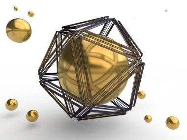 Siyah ve Altın küreler, ve bunlardan biri bir çokgen geometrik figür bir kafes içinde gizlidir kümesi. Gizem, güzellik ve mükemmellik anlayışı. İllüstrasyon izole beyaz arka plan üzerinde. 3D render