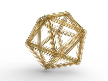 Patlama altın çok yönlü poligonal geometrik şekiller, parçalanma çok sayıda parçaları, uzayda parçaları içine. İllüstrasyon izole beyaz arka plan üzerinde. 3D render