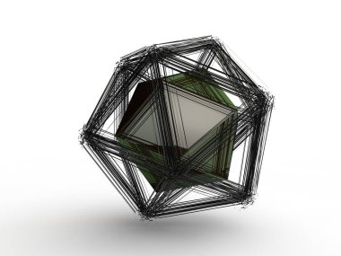 Patlama yüzlü Çokgen geometrik şeklin, dağılma parçaları, bir dizi içine alan ve ortasındaki siyah bir çokyüzlü parçaları. Resimde beyaz arka planda, 3d render