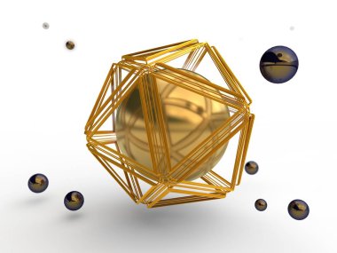 Siyah ve Altın küreler, ve bunlardan biri bir çokgen geometrik figür bir kafes içinde gizlidir kümesi. Gizem, güzellik ve mükemmellik anlayışı. İllüstrasyon izole beyaz arka plan üzerinde. 3D render