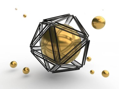 Siyah ve Altın küreler, ve bunlardan biri bir çokgen geometrik figür bir kafes içinde gizlidir kümesi. Gizem, güzellik ve mükemmellik anlayışı. İllüstrasyon izole beyaz arka plan üzerinde. 3D render