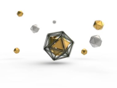 Altın icosahedron tarafından birçok küçük parçalara icosahedra dizesi ile çevrili patlama yok. İllüstrasyon izole alan derinliği ile beyaz arka plan üzerinde. 3D render
