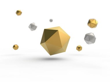 Altın icosahedron gümüş ve altın birçok icosahedrons tarafından çevrili. İllüstrasyon izole alan derinliği ile beyaz arka plan üzerinde. 3D render